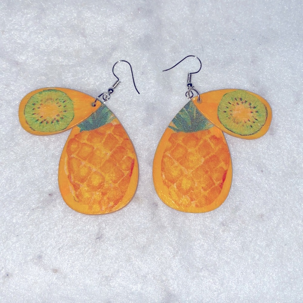Lightweight Wooden Tropical Theme Dangling Pierced Earrings - Picture 2 of 6